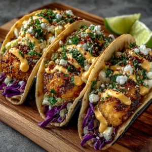 A close-up shot of three crispy bang bang shrimp tacos lined up, showcasing the crunchy texture of the air-fried shrimp and the creamy sauce.