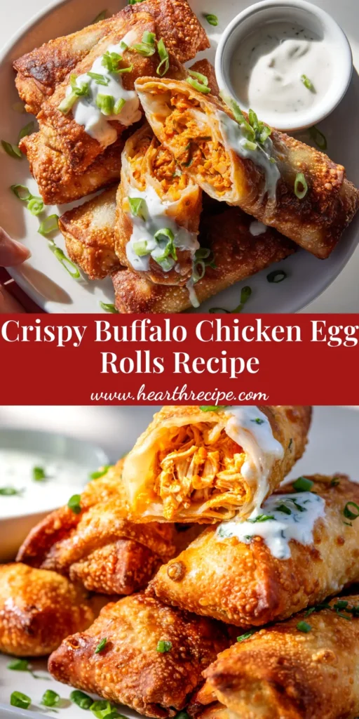 A platter of crispy, golden-brown buffalo chicken egg rolls stacked next to a small bowl of creamy blue cheese dipping sauce.