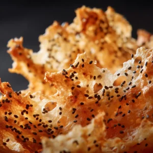 An extreme close-up shot of golden-brown cottage cheese crisps, showing their light and airy texture. The chips are seasoned with visible flakes of seasoning.