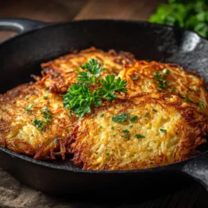A close-up of several authentic German potato pancakes stacked on a white plate, garnished with fresh parsley.