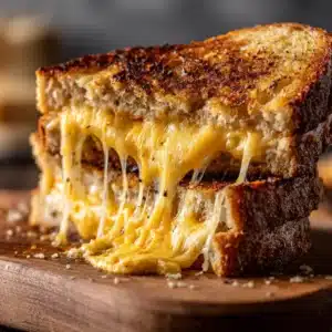 A close-up shot of the crispy, buttery, golden-brown crust of a classic grilled cheese sandwich cooking in a skillet.
