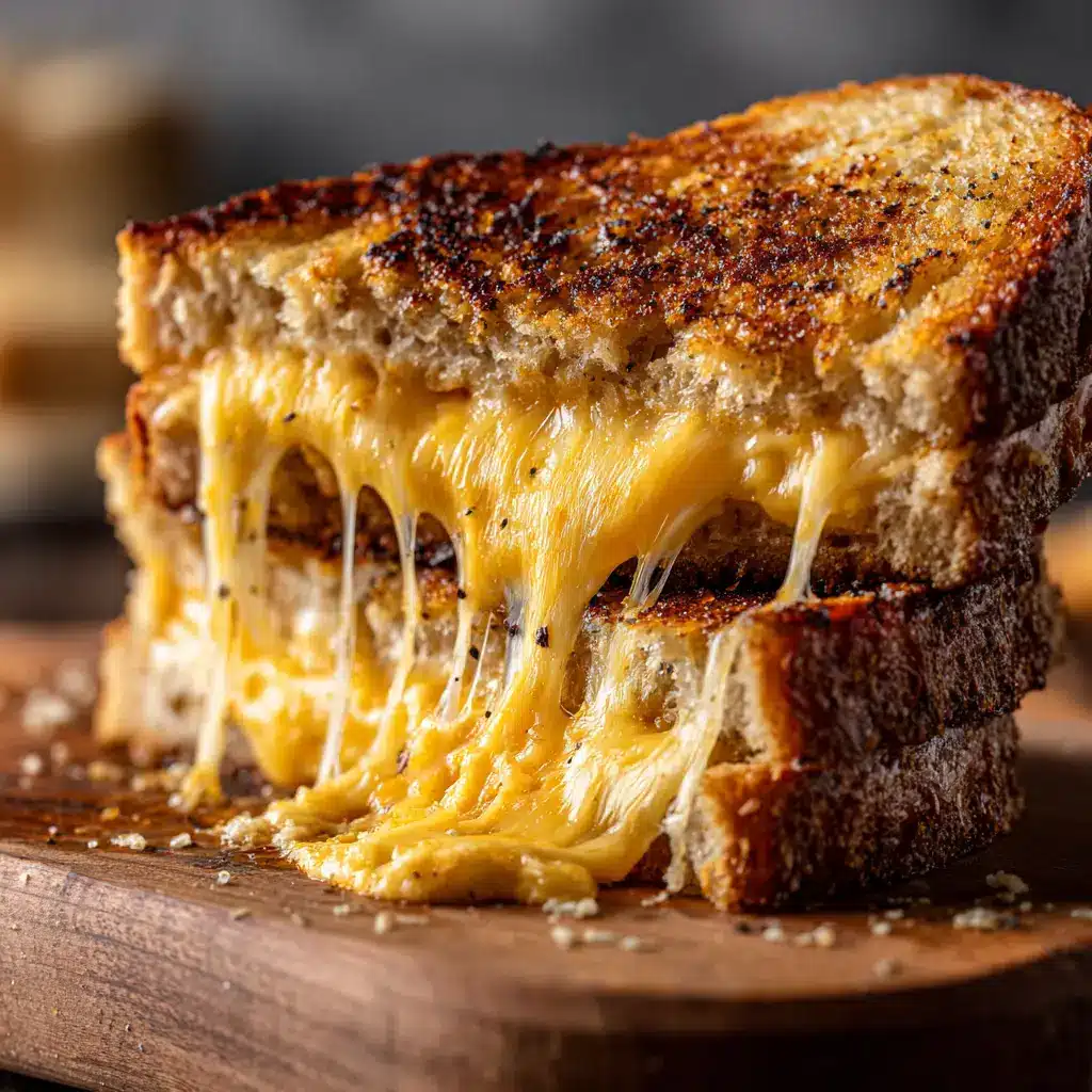 A close-up shot of the crispy, buttery, golden-brown crust of a classic grilled cheese sandwich cooking in a skillet.