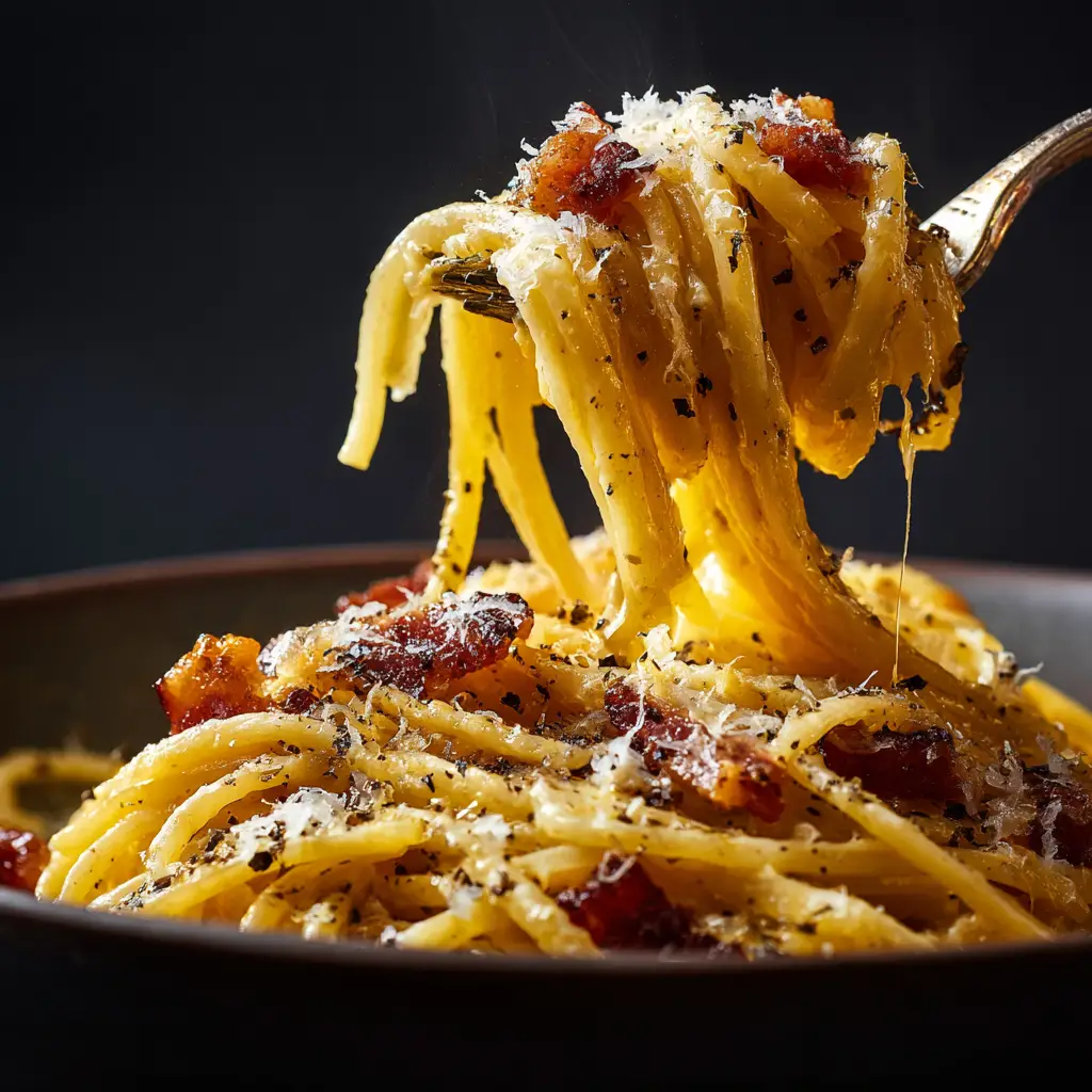 A detailed photograph showing crispy, golden-brown pieces of guanciale mixed with spaghetti in a carbonara dish.