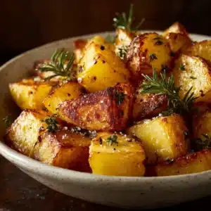 An extreme close-up shot of a single crispy roast potato, highlighting its crunchy, textured golden-brown surface.