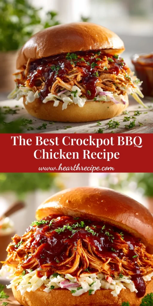 A close-up shot of juicy Crockpot BBQ Chicken piled high on a brioche bun with a side of coleslaw. The perfect easy slow cooker recipe.
