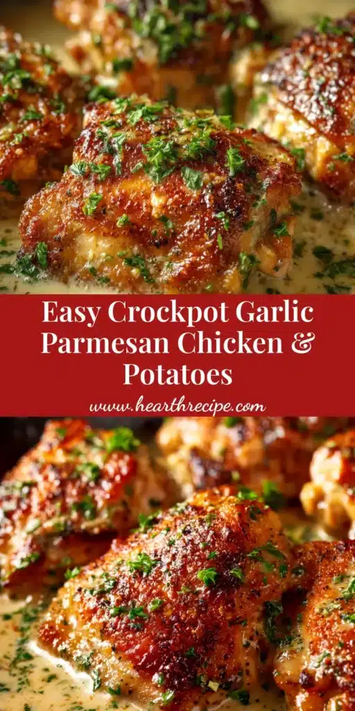 A bowl of creamy Crockpot Garlic Parmesan Chicken served over pasta, garnished with fresh parsley. The ultimate easy slow cooker meal.