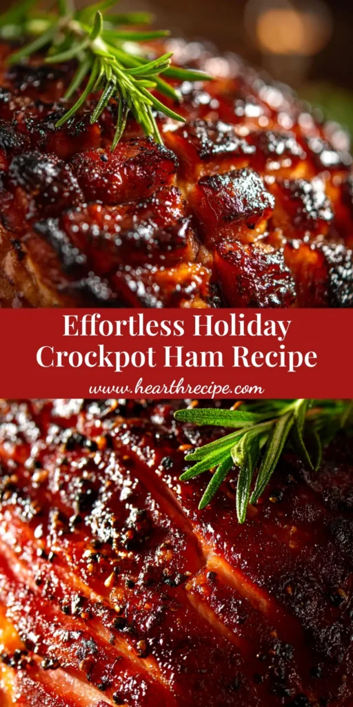 An overhead shot of a juicy Crockpot Ham with a glistening brown sugar pineapple glaze, ready to be served for a holiday dinner. The ham is perfectly cooked and tender.