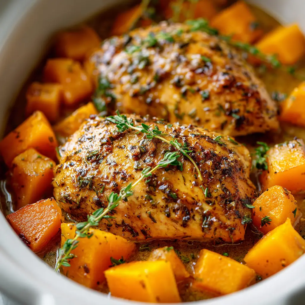 A plated meal of Crockpot Maple Dijon Chicken breast served alongside roasted vegetables, showcasing a complete and healthy dinner idea.
