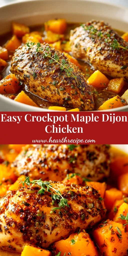 An overhead shot of Crockpot Maple Dijon Chicken in a white serving dish, garnished with fresh herbs. The chicken is glazed in a rich, amber sauce.
