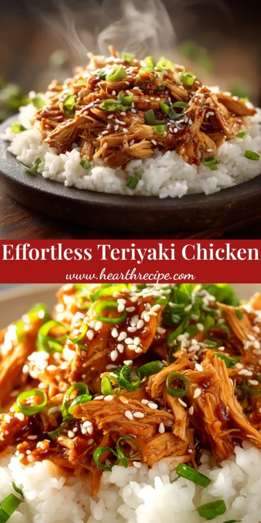 A mouth-watering bowl of Crockpot Teriyaki Chicken served over white rice, garnished with sesame seeds and fresh green onions. The chicken is coated in a thick, glossy teriyaki sauce.