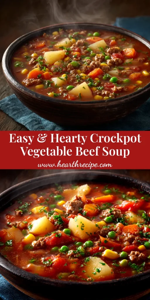 A hearty bowl of Crockpot Vegetable Beef Soup, filled with tender beef chunks, potatoes, carrots, and peas, ready to be shared on Pinterest.