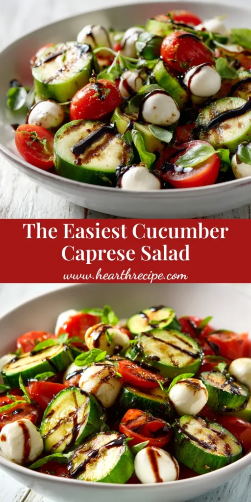 A close-up overhead shot of a vibrant Cucumber Caprese Salad in a white bowl, showcasing fresh cherry tomatoes, mozzarella pearls, basil, and a drizzle of balsamic glaze.