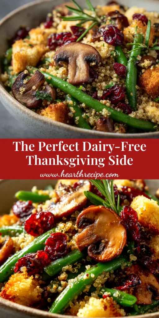 A beautiful dairy free Thanksgiving side dish of roasted quinoa and green bean medley, served in a white bowl and garnished with fresh thyme. Perfect for a healthy and festive holiday meal.
