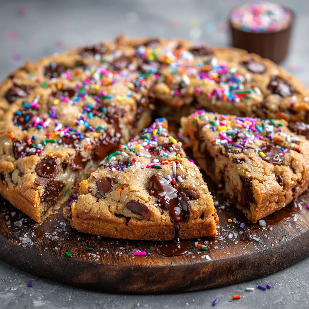 Piping decorative swirls of white buttercream frosting onto a cooled giant chocolate chip cookie cake.