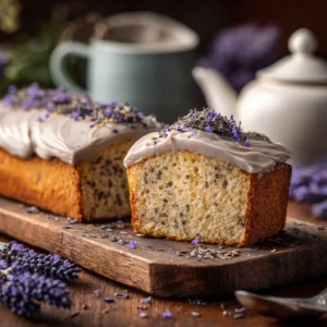 A close-up shot of a single slice of Earl Grey tea cake on a plate, showing the moist, tender crumb of the cake.