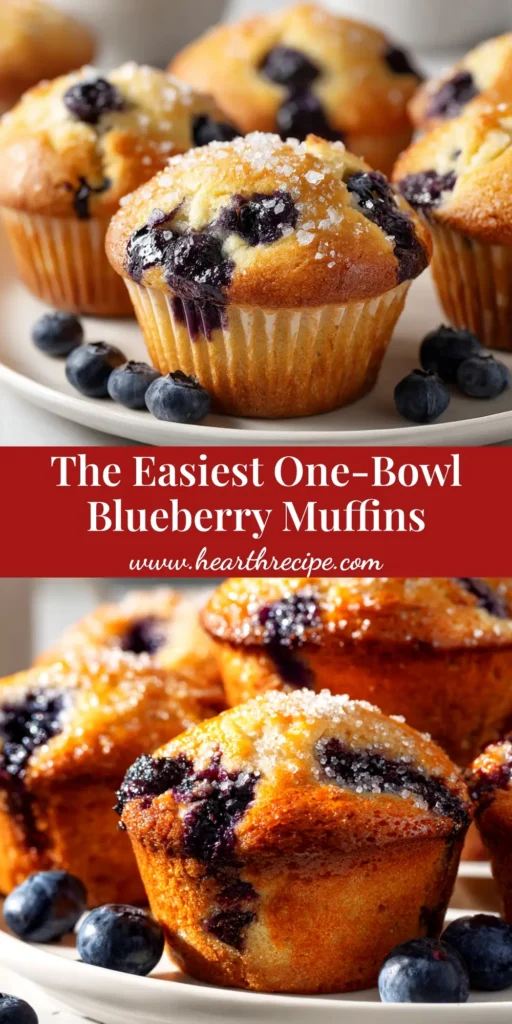 A stack of the easiest blueberry muffins on a plate, with fresh blueberries scattered around. The muffins are golden-brown with sugary tops.