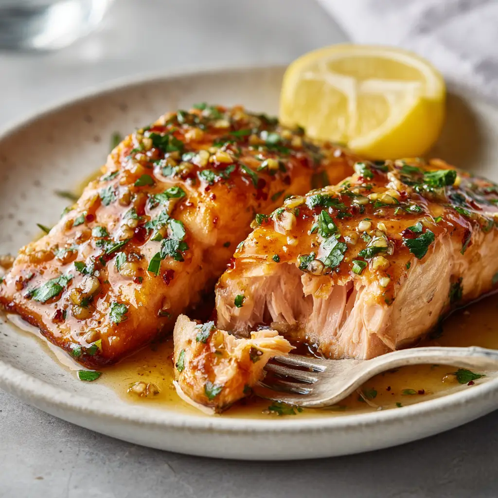 Two cooked Air Fryer Honey Garlic Salmon fillets being presented, ready for a healthy and easy weeknight dinner.