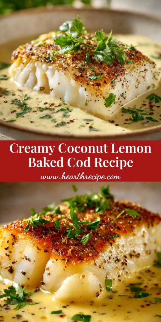 An overhead view of a delicious baked cod recipe in a white baking dish, garnished with fresh lemon slices and parsley.