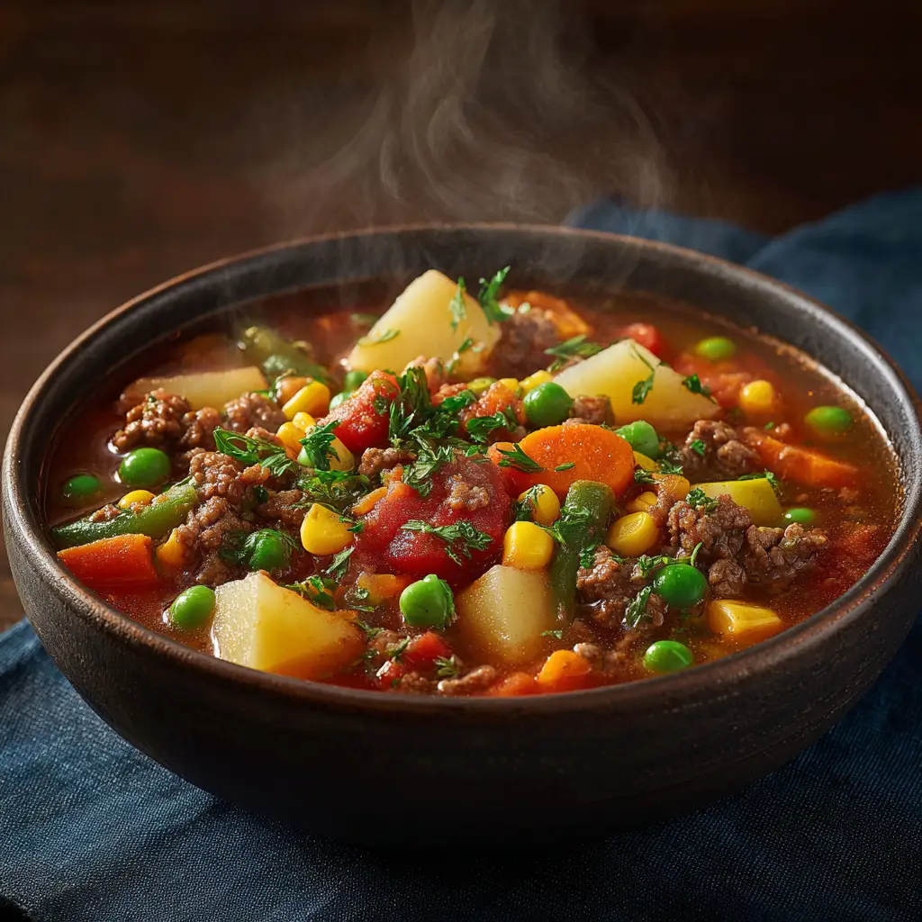 A beautiful overhead view of a bowl of easy beef vegetable soup, garnished with fresh parsley and served with a side of crusty bread.