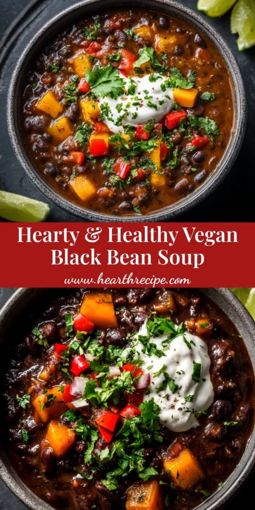 Black Bean Soup (The Ultimate Easy Recipe) 4 A vibrant bowl of the ultimate easy black bean soup, garnished with sour cream, cilantro, and a lime wedge. A spoon is ready to dig in.