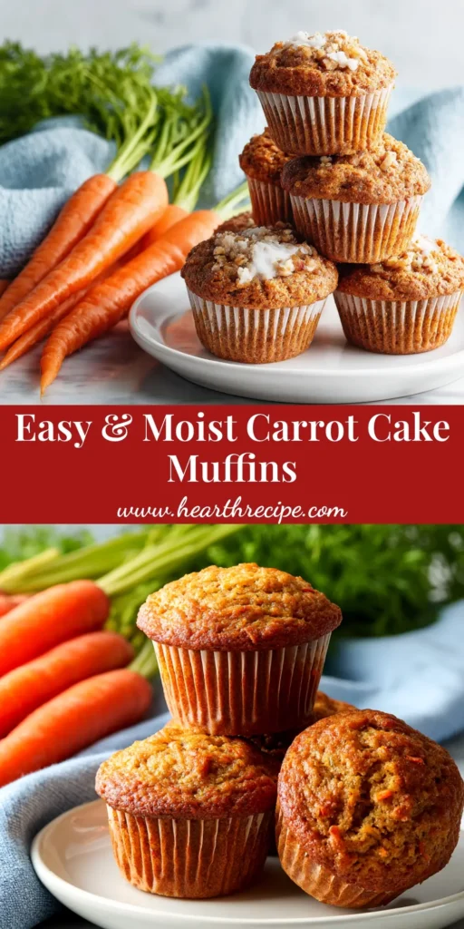 A close-up overhead shot of perfectly baked carrot cake muffins topped with a swirl of cream cheese frosting and a sprinkle of chopped walnuts.