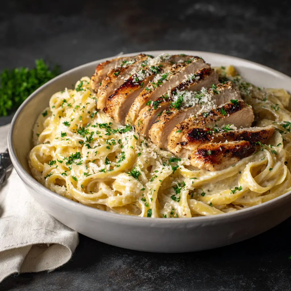 A beautiful serving of the chicken alfredo pasta recipe, with a fork twirling some noodles, showing the texture of the dish.