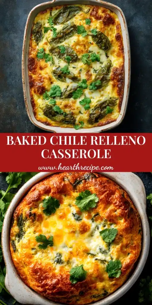A close-up shot of a slice of cheesy Chile Relleno Casserole on a white plate, showcasing layers of roasted peppers, ground beef, and melted cheese.