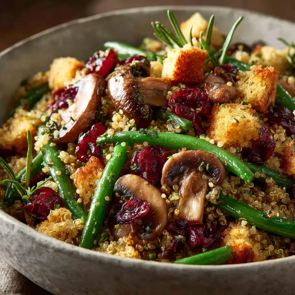 A spoonful of the easy dairy free side dish, showcasing the vibrant colors of the cranberries, green beans, and shallots against the quinoa.