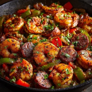 A close-up shot of the keto shrimp and sausage skillet, showing the texture of the cooked shrimp and browned andouille sausage.