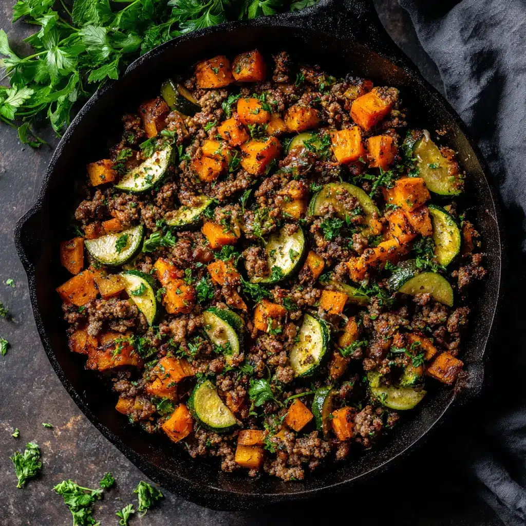 A spoonful of the Ground Beef Zucchini Sweet Potato Skillet being lifted from the pan, ready to eat.
