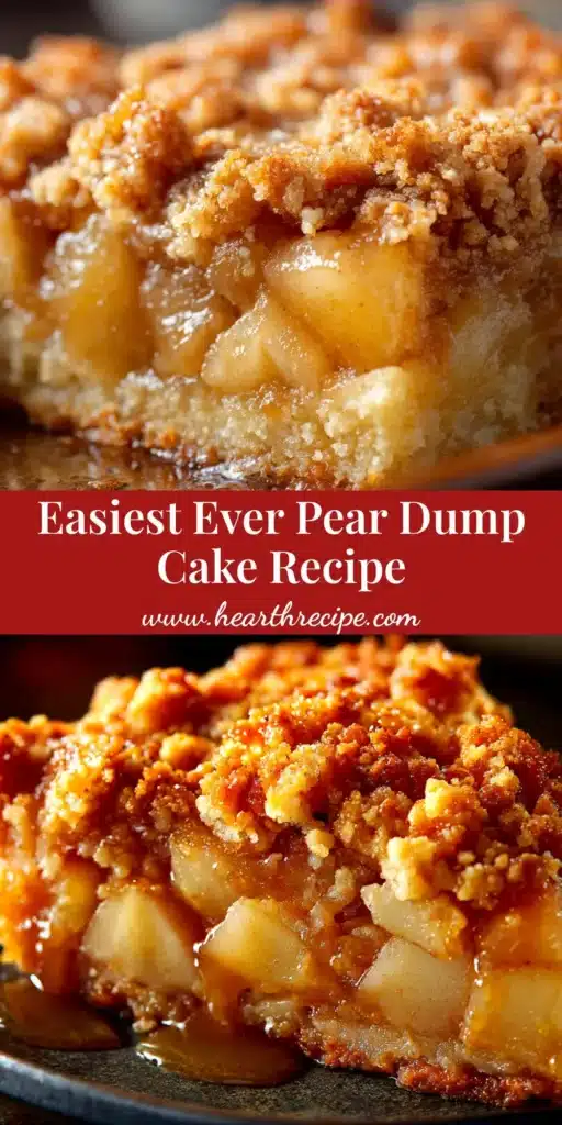 An easy Pear Dump Cake with a golden, buttery cake mix topping, fresh from the oven in a white baking dish. A scoop is being lifted, showing the juicy pear filling underneath.