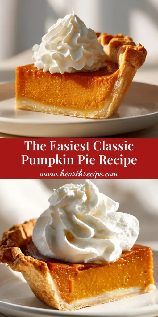 An easy pumpkin pie recipe on a rustic wooden table, with one slice cut out on a plate, topped with whipped cream.
