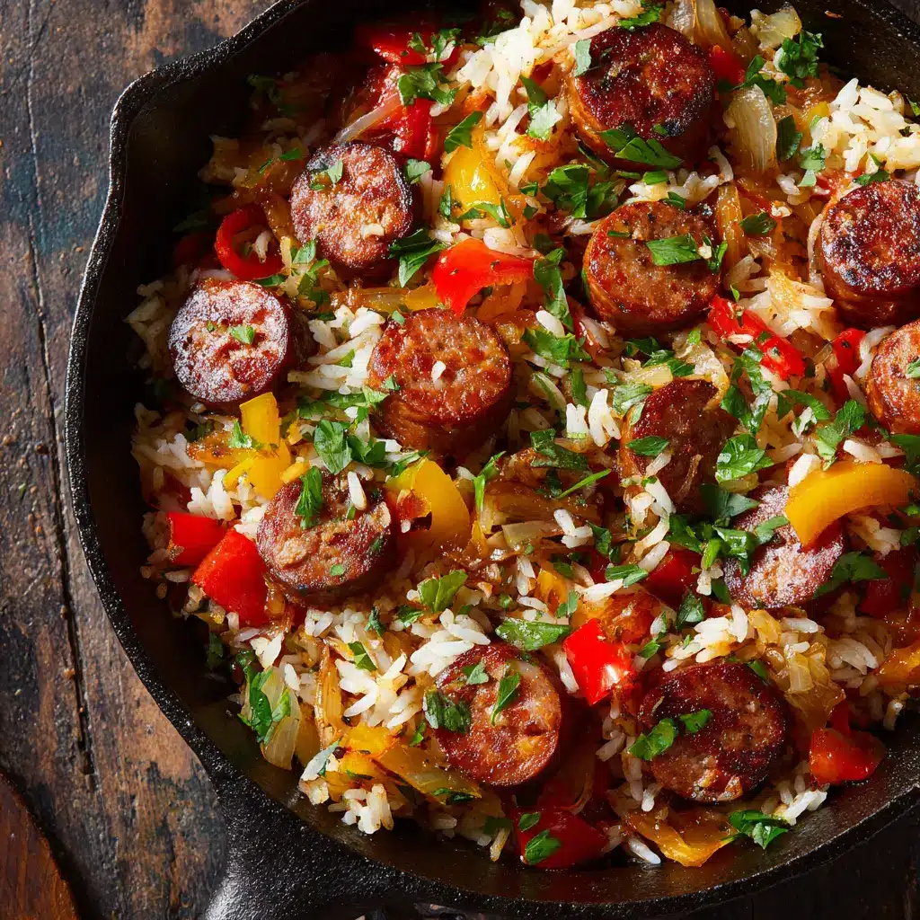Sausage and Rice Skillet: Your New 30-Minute Dinner Hero 1 Another perspective of the easy sausage and rice skillet dinner, highlighting the vibrant red bell peppers and seasonings mixed with the rice.