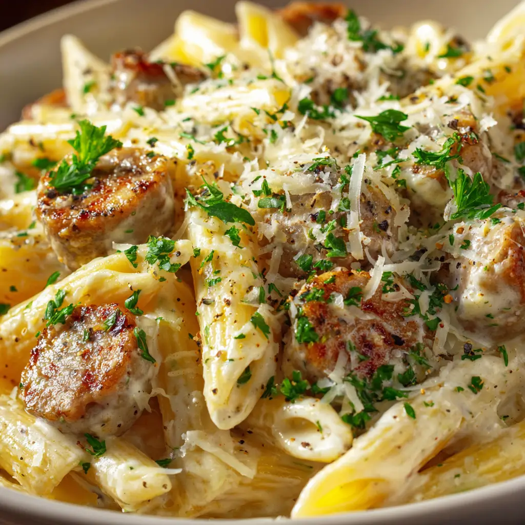 A fork twirling a bite of chicken sausage pasta from a bowl, showing the tender pasta and browned sausage.