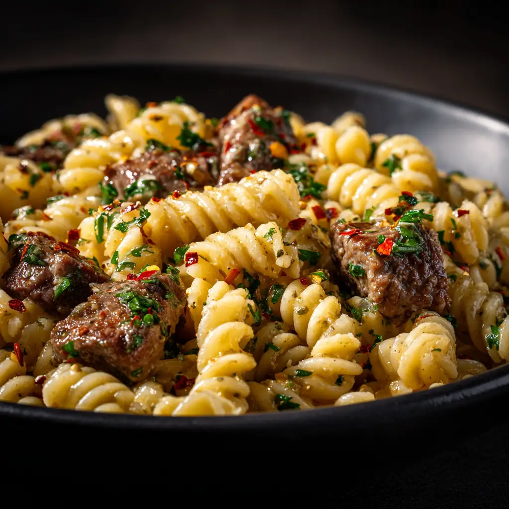 A fork twirling fettuccine from a bowl of garlic butter steak pasta, with a piece of steak ready to be eaten.