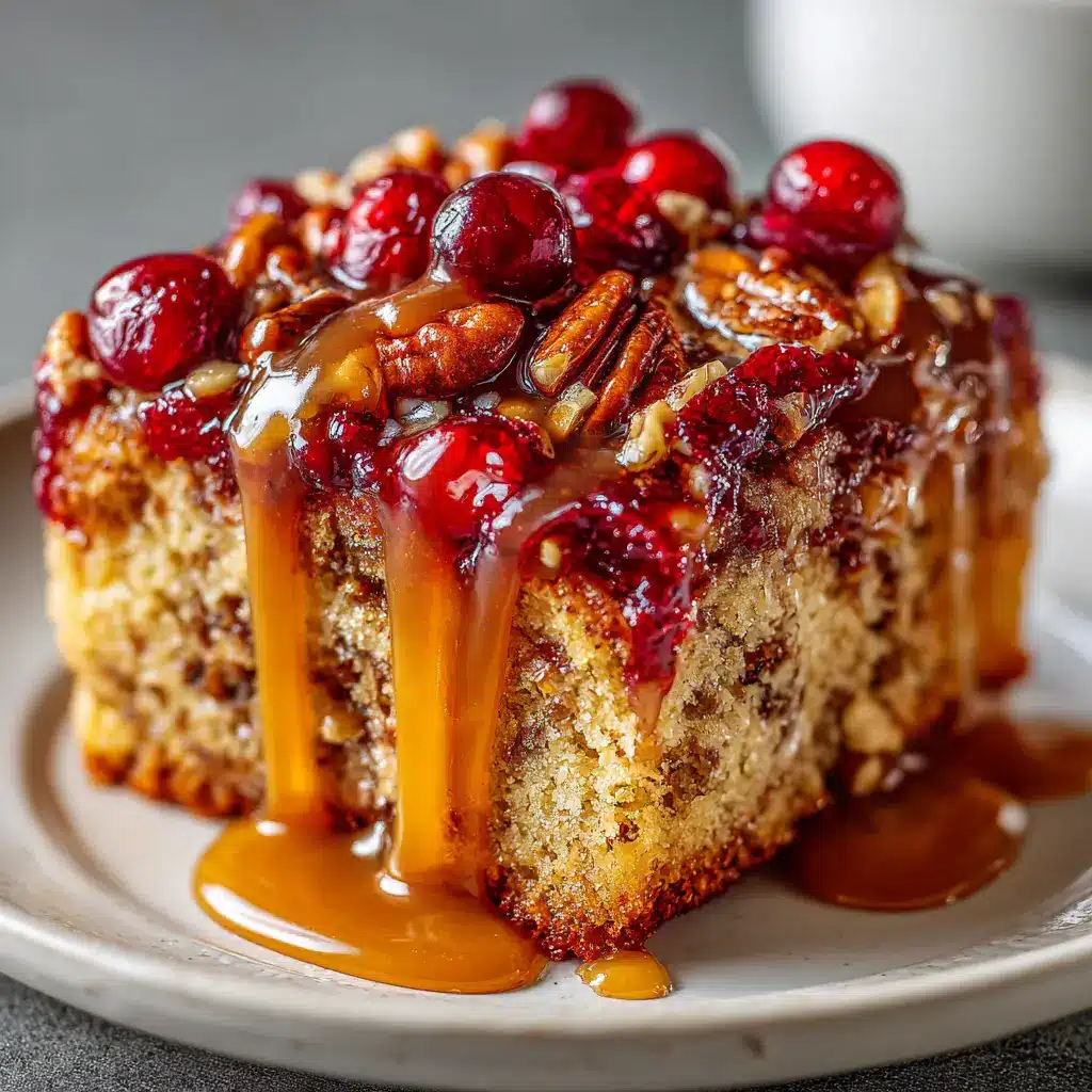 A delicious slice of cranberry pecan cake with a fork taking a piece, demonstrating the cake's soft texture and rich filling.