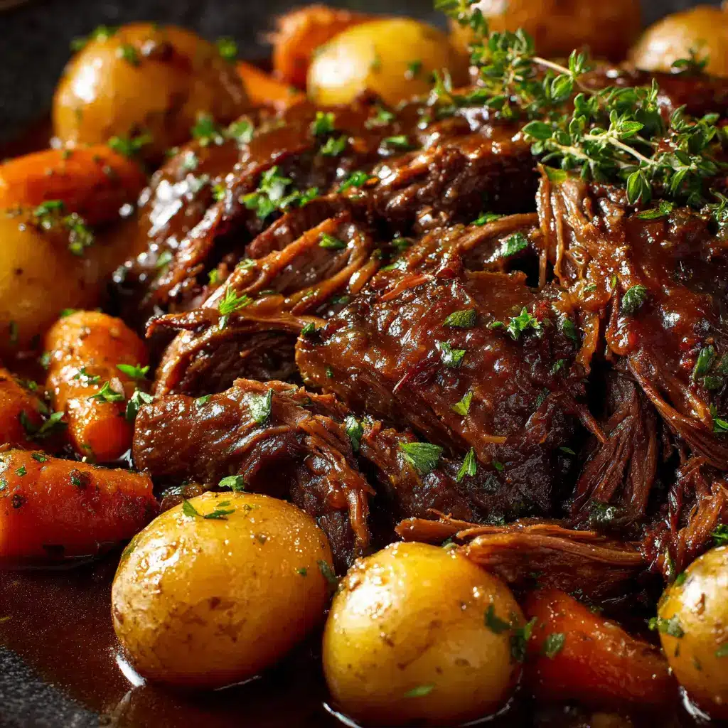 A piece of classic pot roast on a fork with a chunk of carrot, demonstrating the fall-apart tenderness of the finished dish.