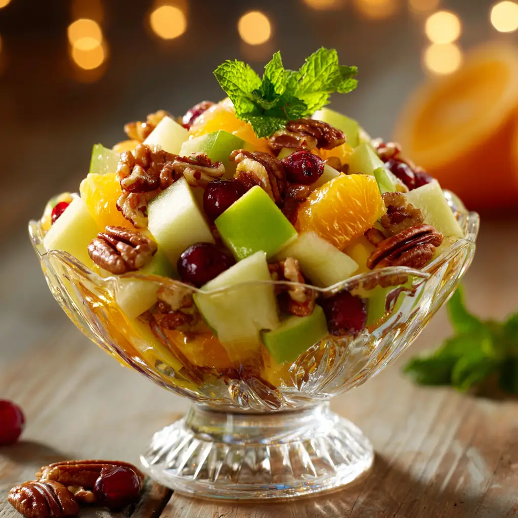 Thanksgiving Fruit Salad with Creamy Maple-Cinnamon Dressing 2 A close-up shot of a fall fruit salad in a clear glass bowl, highlighting the textures of diced apples, pears, and pomegranate seeds.