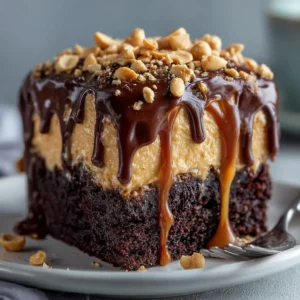 A 9x13 inch Chocolate Peanut Butter Poke Cake, freshly frosted and topped with chopped Reese's peanut butter cups, ready to be sliced and served.