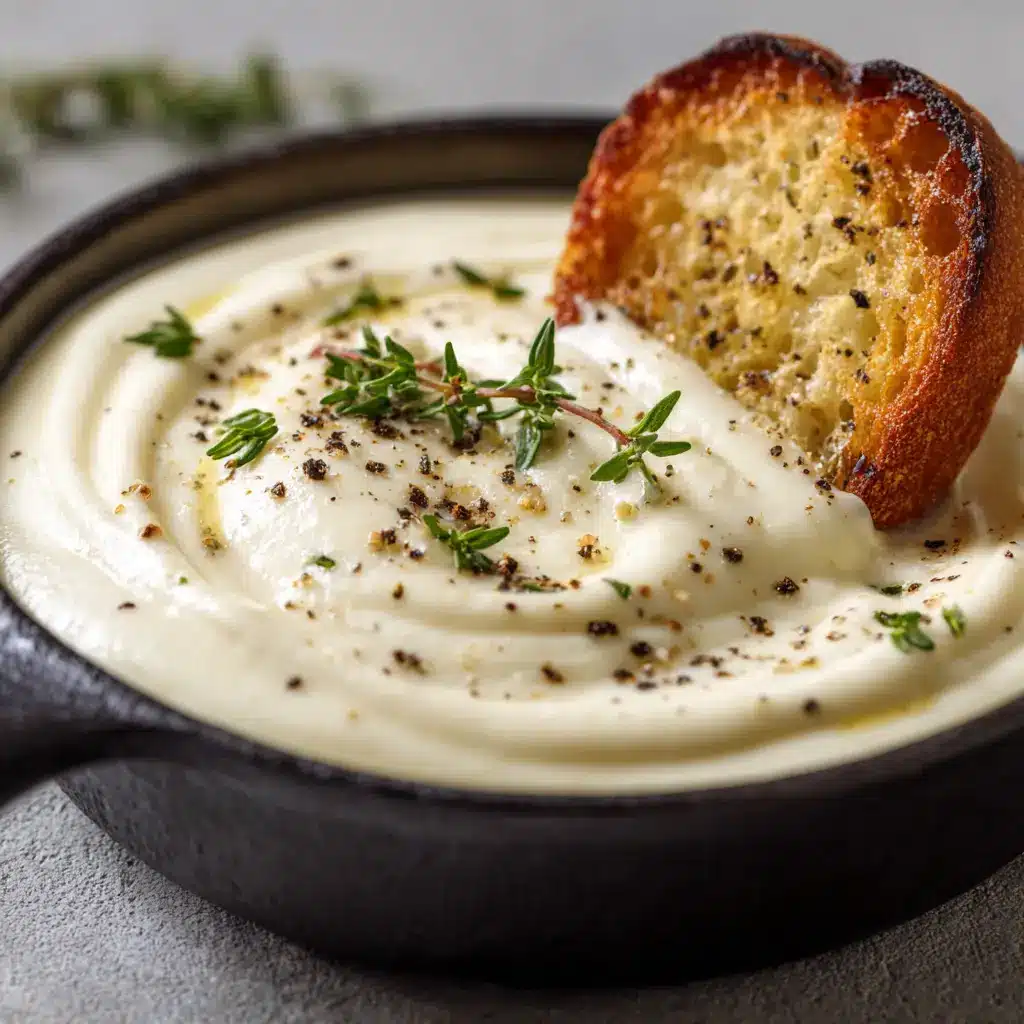 A finished skillet of rich and creamy homemade alfredo sauce, ready to be tossed with pasta.