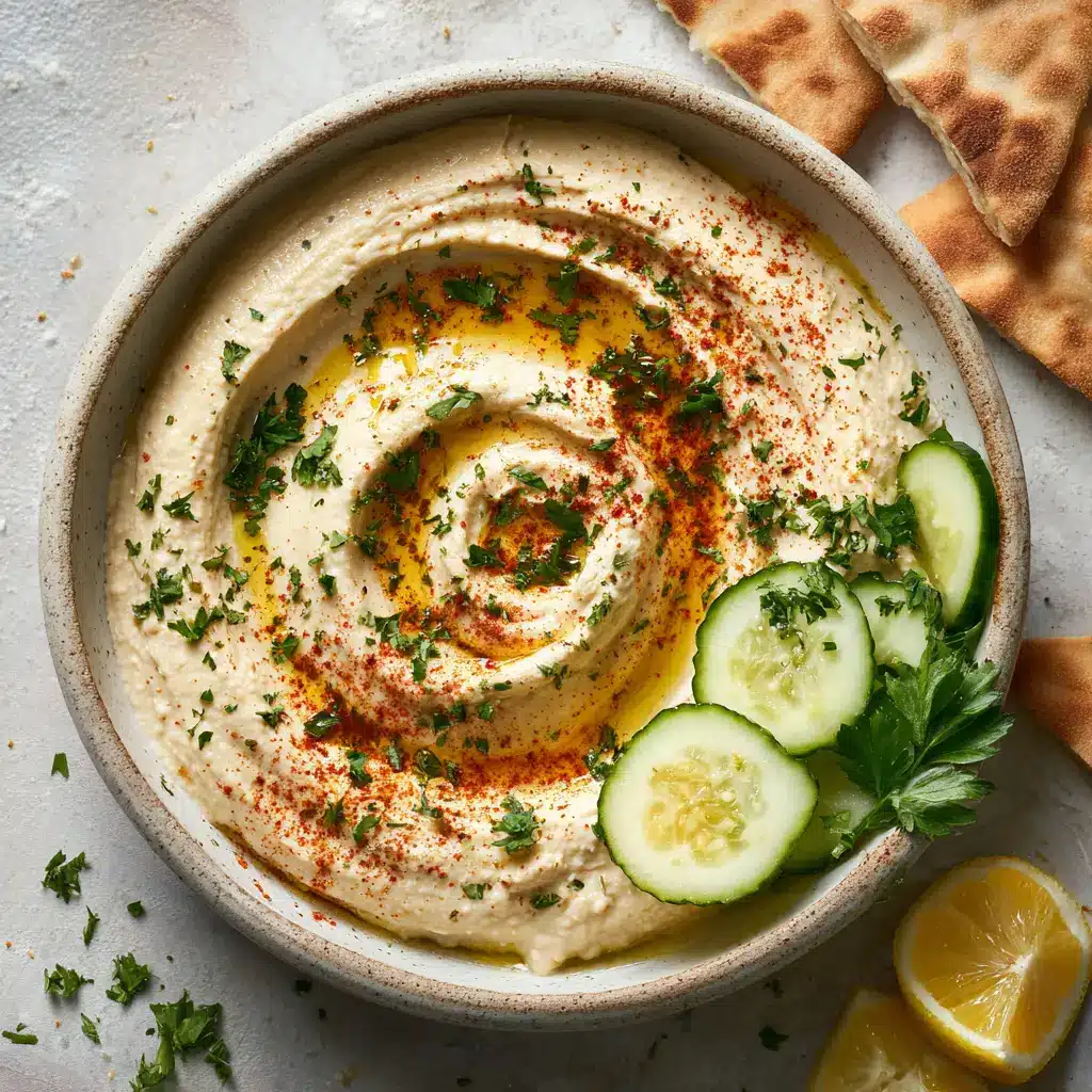 A finished bowl of homemade hummus, drizzled with golden extra virgin olive oil and a sprinkle of paprika, ready to be served.