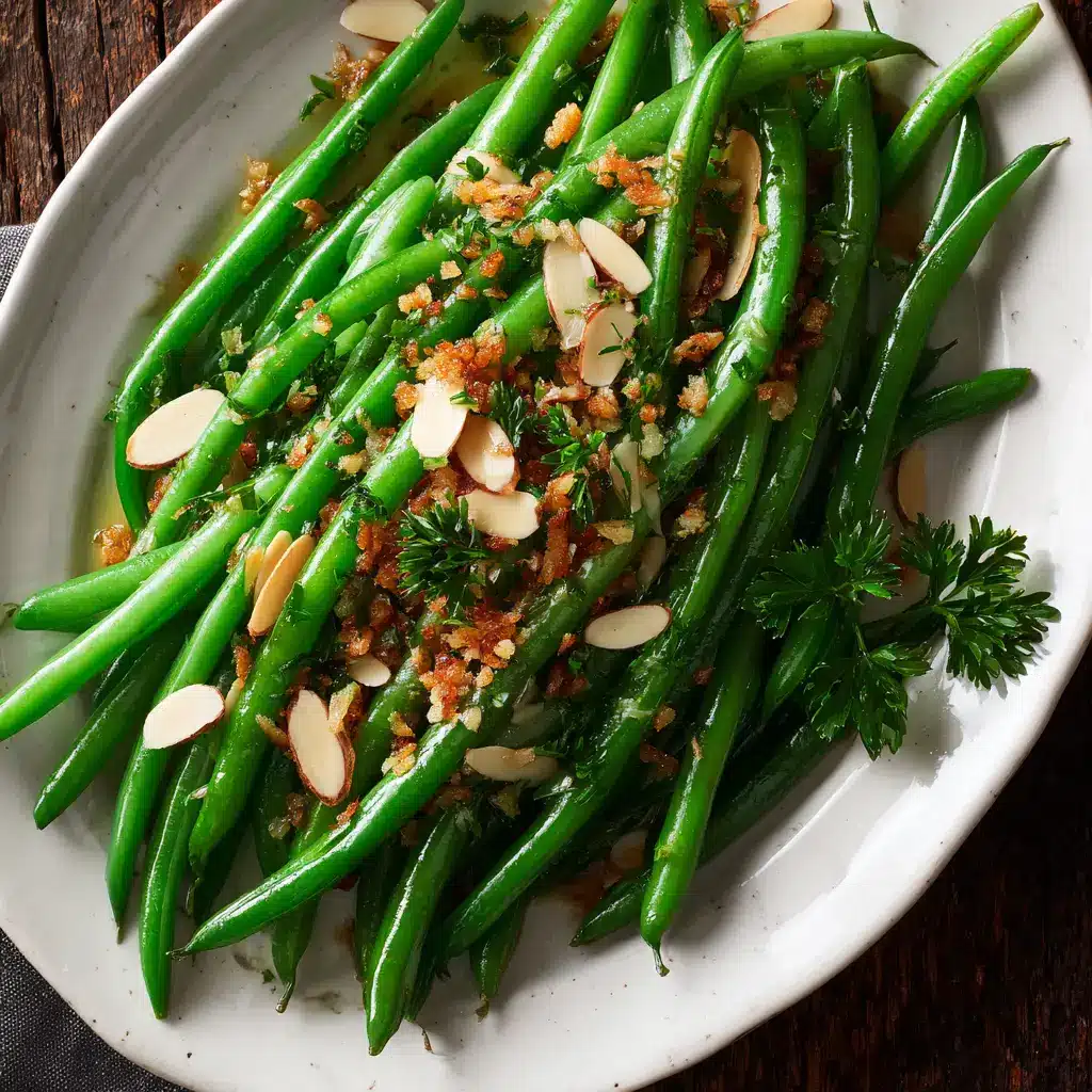 A close-up view of the finished Thanksgiving green beans on a serving platter, garnished with crispy shallots and bacon.
