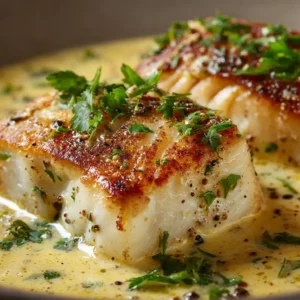A close-up shot showing the tender and flaky texture of the cooked cod fillet from the baked cod recipe.