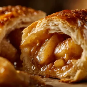 An extreme close-up of a rustic baked apple dumpling with a flaky golden crust, showing the texture of the pastry.