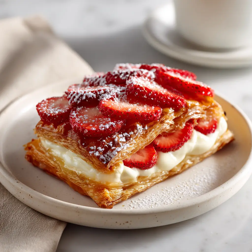 Strawberry Cream Cheese Danish (The Easiest, Flakiest Recipe!) 2 A close-up of a golden-brown strawberry cream cheese danish, showing the flaky layers of the puff pastry and the creamy filling.