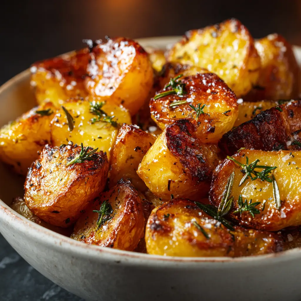 A bowl of freshly cooked crispy roast potatoes, with one broken open to reveal a fluffy, steaming interior.