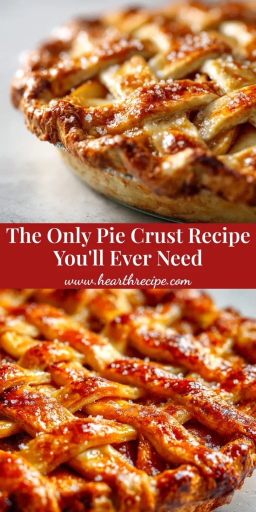 A foolproof, all-butter pie crust recipe, shown perfectly crimped in a pie dish before baking. The text overlay reads 'The Only Pie Crust Recipe You'll Ever Need'.