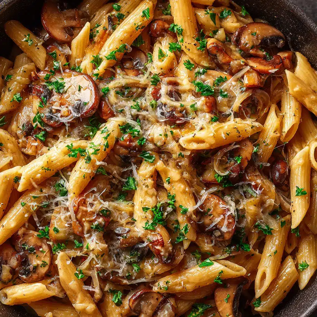 A cast-iron skillet filled with French Onion Pasta before being broiled, showing the pasta mixed with caramelized onions and sauce, ready for the cheese topping.