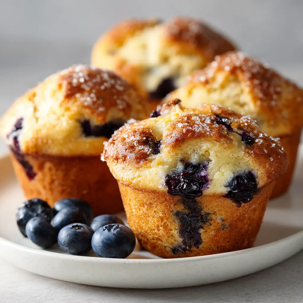 A batch of golden-brown blueberry muffins cooling on a wire rack, fresh from the oven. Steam is gently rising from them.