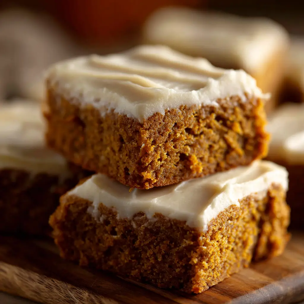 A baking pan full of freshly frosted pumpkin bars, ready to be sliced and served for a fall gathering.